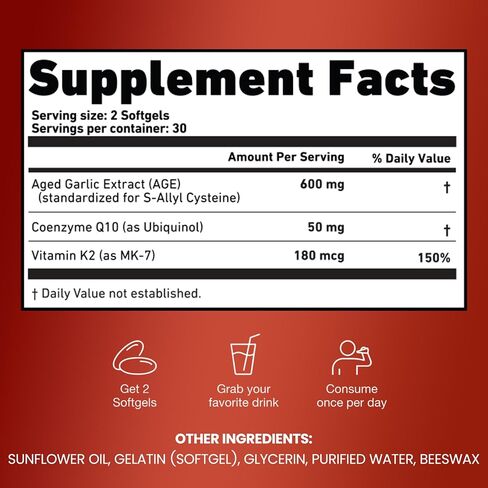 Resilia Odorless Aged Garlic Extract 600 mg softgels with CoQ10 Ubiquinol and Vitamin K2 (as MK-7), 20-Month Matured Garlic, 120 Softgel (Pack 2) in Kuwait