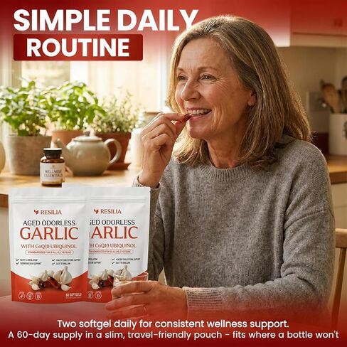 Resilia Odorless Aged Garlic Extract 600 mg softgels with CoQ10 Ubiquinol and Vitamin K2 (as MK-7), 20-Month Matured Garlic, 120 Softgel (Pack 2) in Kuwait