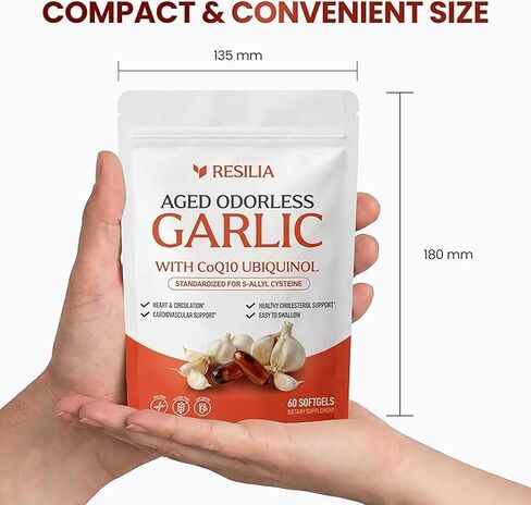 Resilia Odorless Aged Garlic Extract 600 mg softgels with CoQ10 Ubiquinol and Vitamin K2 (as MK-7), 20-Month Matured Garlic, 120 Softgel (Pack 2) in Kuwait