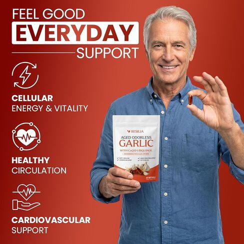 Resilia Odorless Aged Garlic Extract 600 mg softgels with CoQ10 Ubiquinol and Vitamin K2 (as MK-7), 20-Month Matured Garlic, 120 Softgel (Pack 2) in Kuwait