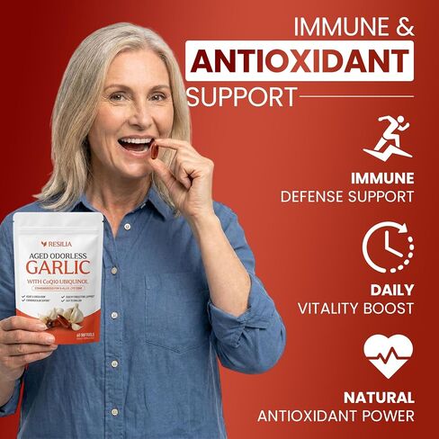 Resilia Odorless Aged Garlic Extract 600 mg softgels with CoQ10 Ubiquinol and Vitamin K2 (as MK-7), 20-Month Matured Garlic, 120 Softgel (Pack 2) in Kuwait