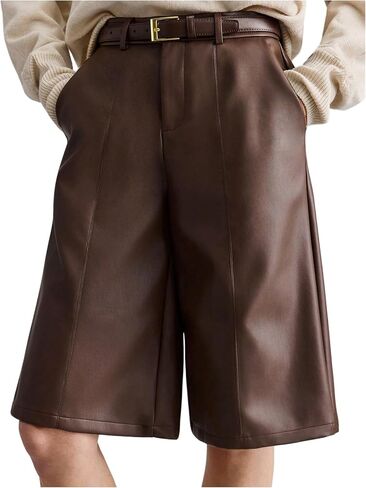 OYOANGLE Women's PU Leather Bermuda Shorts Zipper Fly Business Casual Wide Leg Knee Length Shorts with Pocket in Kuwait