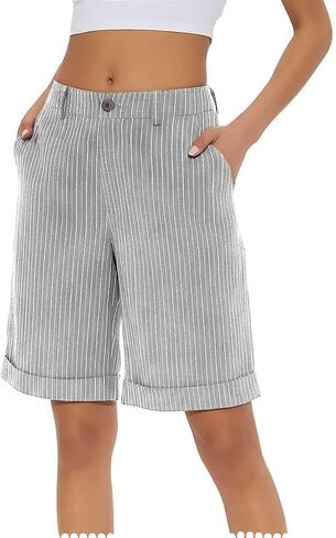 Pinstripe Bermuda Shorts for Women Knee Length High Waist Summer Beach Vacation Shorts with Pockets in Kuwait