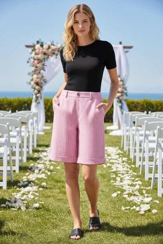 Pinstripe Bermuda Shorts for Women Knee Length High Waist Summer Beach Vacation Shorts with Pockets in Kuwait