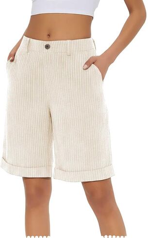 Pinstripe Bermuda Shorts for Women Knee Length High Waist Summer Beach Vacation Shorts with Pockets in Kuwait