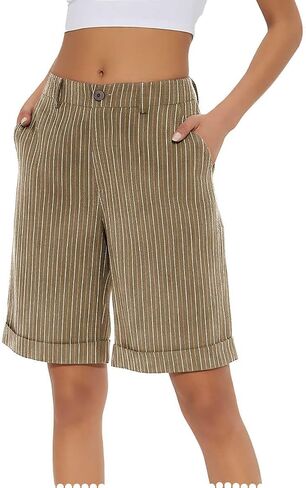 Pinstripe Bermuda Shorts for Women Knee Length High Waist Summer Beach Vacation Shorts with Pockets in Kuwait