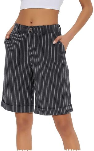 Pinstripe Bermuda Shorts for Women Knee Length High Waist Summer Beach Vacation Shorts with Pockets in Kuwait