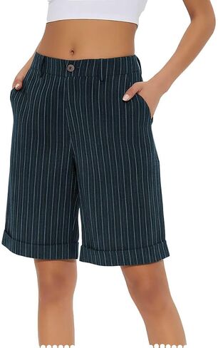 Pinstripe Bermuda Shorts for Women Knee Length High Waist Summer Beach Vacation Shorts with Pockets in Kuwait
