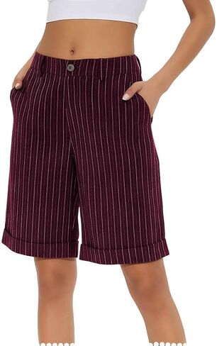 Pinstripe Bermuda Shorts for Women Knee Length High Waist Summer Beach Vacation Shorts with Pockets in Kuwait