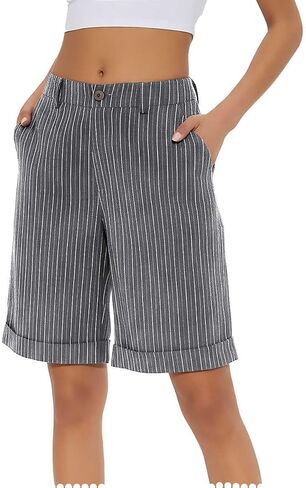 Pinstripe Bermuda Shorts for Women Knee Length High Waist Summer Beach Vacation Shorts with Pockets in Kuwait