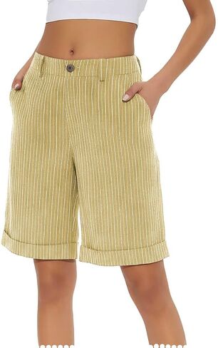 Pinstripe Bermuda Shorts for Women Knee Length High Waist Summer Beach Vacation Shorts with Pockets in Kuwait