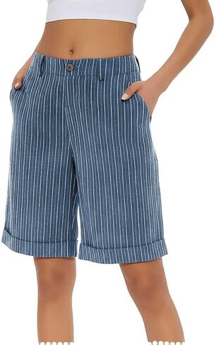 Pinstripe Bermuda Shorts for Women Knee Length High Waist Summer Beach Vacation Shorts with Pockets in Kuwait