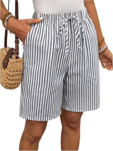 Verdusa Women's Striped Summer Casual Shorts Vacation Outfits Bermuda Shorts Beach Bottoms with Pockets in Kuwait