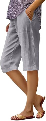 Bermuda Shorts for Women Knee Length Dressy Causal Elastic Waist Linen Shorts with Pockets Summer Beach Outfits in Kuwait