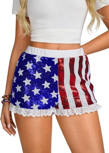 EHSUYAB Womens 4th of July Sequin Shorts, Lined Lace Trim American Flag Shorts,Stars Stripes Patriotic Forth of July Outfits in Kuwait