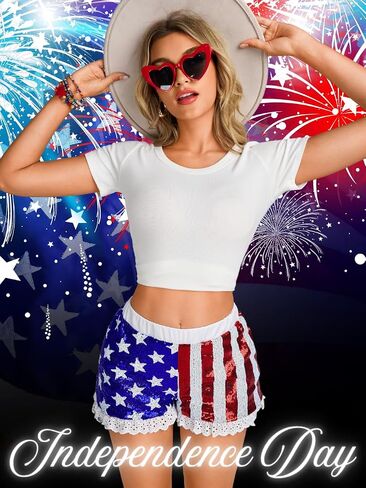 EHSUYAB Womens 4th of July Sequin Shorts, Lined Lace Trim American Flag Shorts,Stars Stripes Patriotic Forth of July Outfits in Kuwait