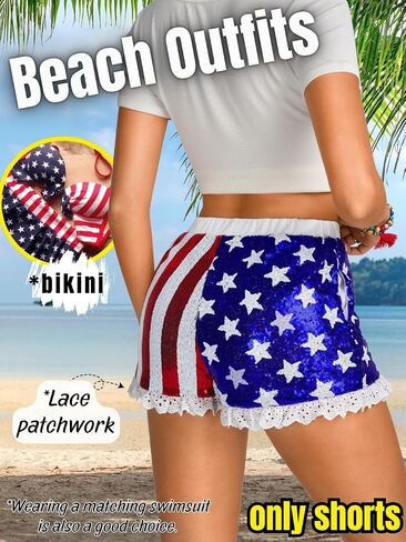 EHSUYAB Womens 4th of July Sequin Shorts, Lined Lace Trim American Flag Shorts,Stars Stripes Patriotic Forth of July Outfits in Kuwait