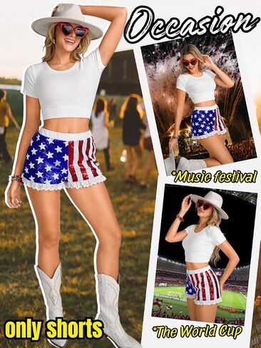 EHSUYAB Womens 4th of July Sequin Shorts, Lined Lace Trim American Flag Shorts,Stars Stripes Patriotic Forth of July Outfits in Kuwait