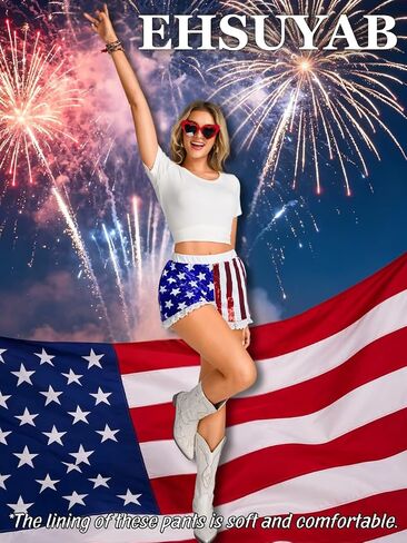 EHSUYAB Womens 4th of July Sequin Shorts, Lined Lace Trim American Flag Shorts,Stars Stripes Patriotic Forth of July Outfits in Kuwait