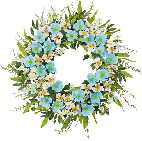 24 Inch Spring Summer Wreaths for Front Door, Blue White Poppy & Pansy Flower Wreath with Eucalyptus Leaves, Artificial Floral Wreath for Indoor Outdoor Porch Farmhouse Home Wall Window Decor in Saudi Arabia