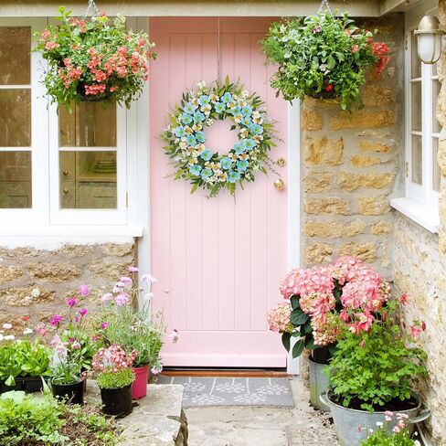 24 Inch Spring Summer Wreaths for Front Door, Blue White Poppy & Pansy Flower Wreath with Eucalyptus Leaves, Artificial Floral Wreath for Indoor Outdoor Porch Farmhouse Home Wall Window Decor in Saudi Arabia