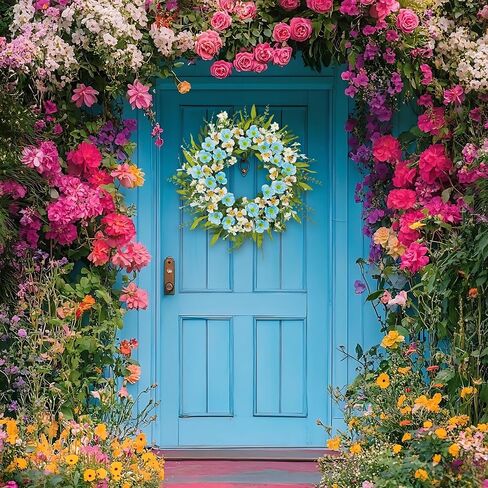 24 Inch Spring Summer Wreaths for Front Door, Blue White Poppy & Pansy Flower Wreath with Eucalyptus Leaves, Artificial Floral Wreath for Indoor Outdoor Porch Farmhouse Home Wall Window Decor in Saudi Arabia