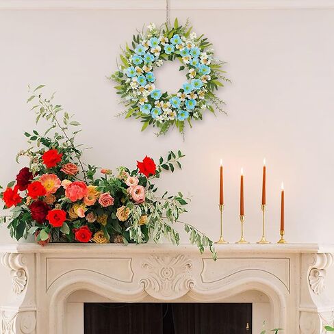 24 Inch Spring Summer Wreaths for Front Door, Blue White Poppy & Pansy Flower Wreath with Eucalyptus Leaves, Artificial Floral Wreath for Indoor Outdoor Porch Farmhouse Home Wall Window Decor in Saudi Arabia
