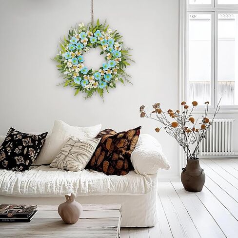 24 Inch Spring Summer Wreaths for Front Door, Blue White Poppy & Pansy Flower Wreath with Eucalyptus Leaves, Artificial Floral Wreath for Indoor Outdoor Porch Farmhouse Home Wall Window Decor in Saudi Arabia