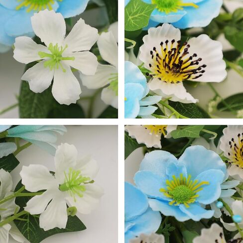 24 Inch Spring Summer Wreaths for Front Door, Blue White Poppy & Pansy Flower Wreath with Eucalyptus Leaves, Artificial Floral Wreath for Indoor Outdoor Porch Farmhouse Home Wall Window Decor in Saudi Arabia