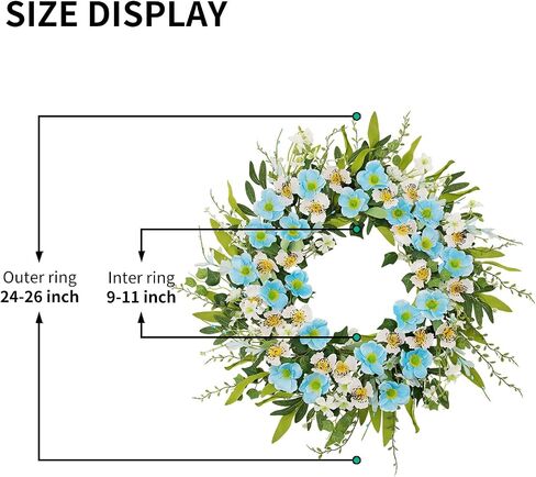 24 Inch Spring Summer Wreaths for Front Door, Blue White Poppy & Pansy Flower Wreath with Eucalyptus Leaves, Artificial Floral Wreath for Indoor Outdoor Porch Farmhouse Home Wall Window Decor in Saudi Arabia