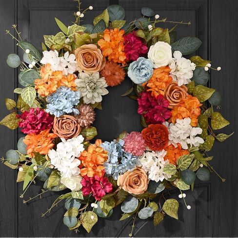 Fall Decor, Fall Wreaths for Front Door, 26 Inch Fall Door Wreath Indoors Outdoor Decor with Hydrangea, Dahlia, Autumn Wreaths, Fall Decoration for Home Porch Wall Decor, Thanksgiving Wreath Decor in Kuwait