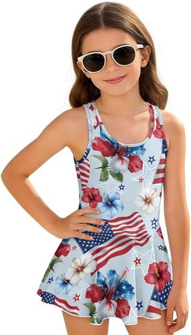 Girls Printed One Piece Swimsuit with Skirt, Racerback Modest Bathing Suits with Sleeveless Crew Neck 3-13 Years in Saudi Arabia