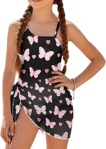 2 Pcs Cute Swimsuits Set for Girls Stretch Strap Removable Pads Summer Swimwear One-Piece Bathing Suits 7-18 Years in Saudi Arabia
