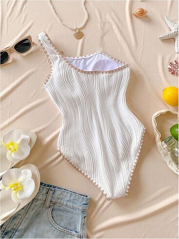 OYOANGLE Girl's One Piece Swimsuit Textured One Shoulder Tummy Control Bathing Suits Cute Swimwear in Kuwait