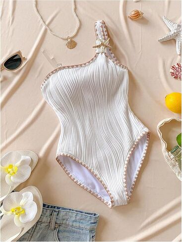 OYOANGLE Girl's One Piece Swimsuit Textured One Shoulder Tummy Control Bathing Suits Cute Swimwear in Kuwait