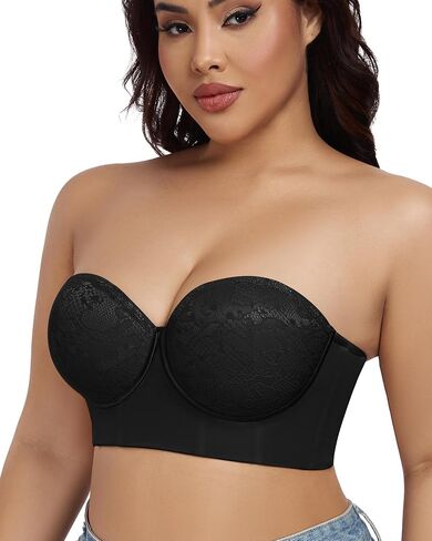 FallSweet Longline Strapless Bra for Large Bust C-DD, Anti-Slip Back Smoothing Convertible Lace Corset for Wedding Party in Kuwait