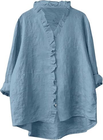Button Down Shirt for Women Dressy Fall Fashion Linen Long Sleeve Loose Fit Blouses Ruffle Trim V Neck Summer Tops in Saudi Arabia