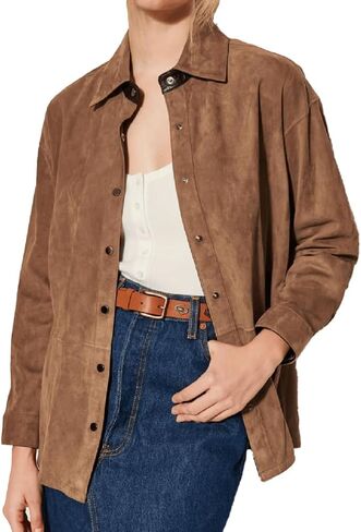 Isaac & David Chicago Women's Real Suede Leather Shirt - Long Sleeve Snap Button Down Casual Shirt in Saudi Arabia