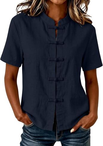 Traditional Chinese Style Tops for Women Mandarin Collar Cotton Linen Blouse Short Sleeve Frog Button Casual Shirts in Saudi Arabia