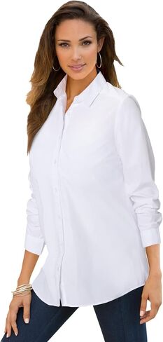 Roaman's Women's Plus Size Kate Long Sleeve Easy Cotton-Blend Button-Front Shirt in Kuwait