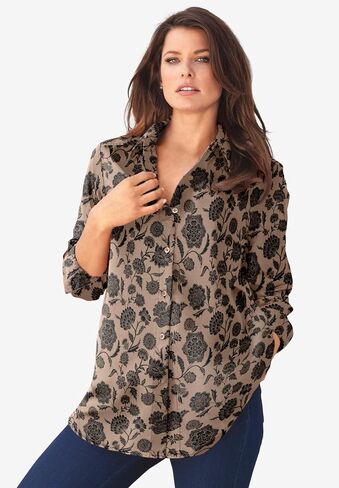 Roaman's Women's Plus Size Kate Long Sleeve Easy Cotton-Blend Button-Front Shirt in Kuwait