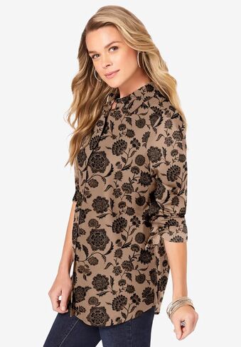 Roaman's Women's Plus Size Kate Long Sleeve Easy Cotton-Blend Button-Front Shirt in Kuwait