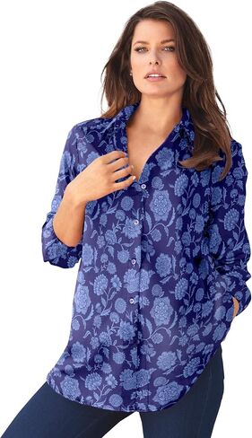 Roaman's Women's Plus Size Kate Long Sleeve Easy Cotton-Blend Button-Front Shirt in Kuwait