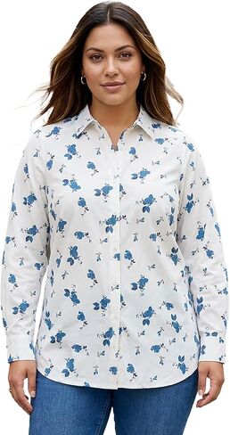 Roaman's Women's Plus Size Kate Long Sleeve Easy Cotton-Blend Button-Front Shirt in Kuwait