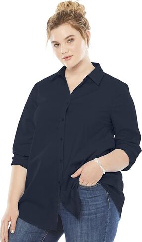 Roaman's Women's Plus Size Kate Long Sleeve Easy Cotton-Blend Button-Front Shirt in Kuwait