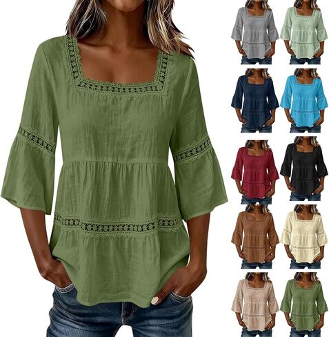 Linen Tops for Women Gauze 3/4 Sleeve Flowy Shirt Square Neck Loose Boho Vacation Casual Lace Trim Fashion Blouse in Kuwait