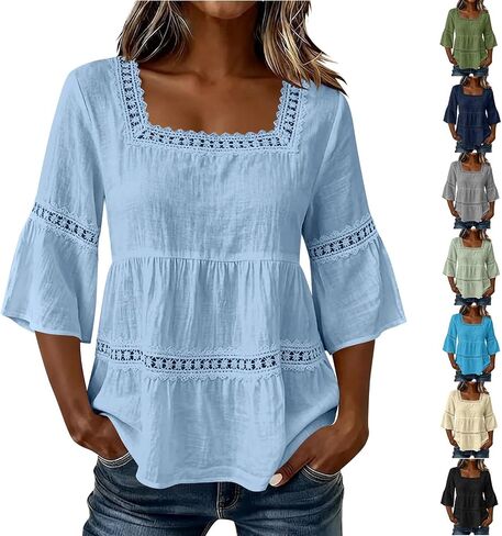 Linen Tops for Women Gauze 3/4 Sleeve Flowy Shirt Square Neck Loose Boho Vacation Casual Lace Trim Fashion Blouse in Kuwait