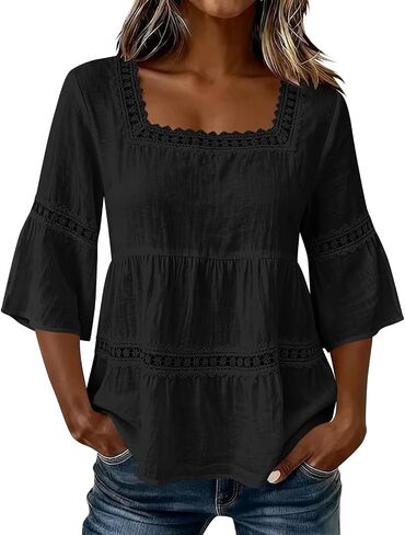 Linen Tops for Women Gauze 3/4 Sleeve Flowy Shirt Square Neck Loose Boho Vacation Casual Lace Trim Fashion Blouse in Kuwait