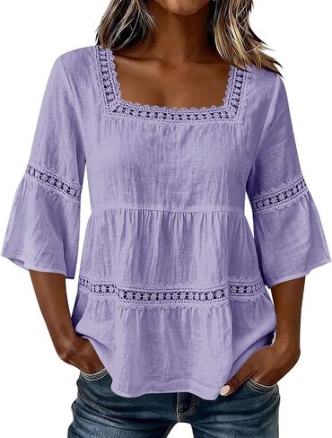 Linen Tops for Women Gauze 3/4 Sleeve Flowy Shirt Square Neck Loose Boho Vacation Casual Lace Trim Fashion Blouse in Kuwait