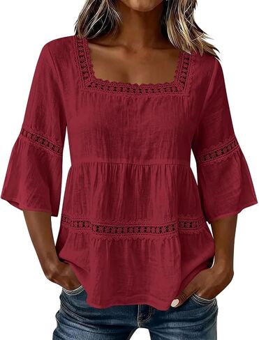Linen Tops for Women Gauze 3/4 Sleeve Flowy Shirt Square Neck Loose Boho Vacation Casual Lace Trim Fashion Blouse in Kuwait
